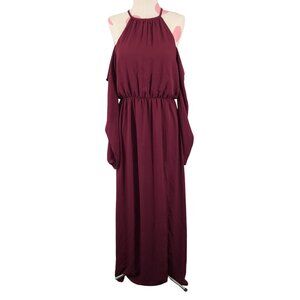 Women's Everly Maroon Maxi Dress Slit High Neck Cold Shoulder Sheer Small Flowy